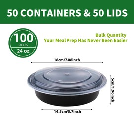 APSIC Round Meal Prep Containers with Lids, 50 Pack 24oz (100-Piece) Disposable Leakproof Take Out Food Storage Containers, Plastic To Go Lunch Boxes, BPA Free, Microwave/Dishwasher/Freezer Safe