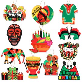 HOWAF 36pcs Kwanzaa Wooden Hanging Ornaments, African Heritage Holiday Decorations with Kinara Fruit African Mask Flag Map Kwanzaa Craft Pendant Signs for Happy Kwanzaa Holiday Decoration Supplies