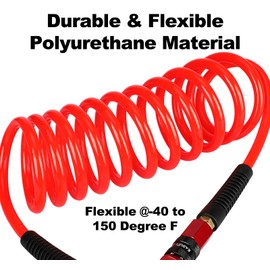 EADUTY Heavy Duty Polyurethane Recoil Air Hose 1/4 in x 50 ft, Lightweight, Flexible Compressor Hose with Universal Quick Coupler, I/M Plug and Bend Restrictors, Red