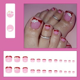 24 Pcs Red French Press On Toenails YEFIUO Acrylic Fake Toe Nails Press ons Nail Art with Hot Pink 3D Flowers Design Full Cover Glossy False Nails Glue on Toe Nails Stick on Nails for Ma'am