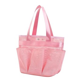 Mesh Shower Caddy, 7 Storage Pockets with 1 button, Portable Organizer for Bathroom College Travel Beach, Large Size, Pink