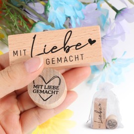 BOOMTOP 2Pcs Stempel Holz Mit Liebe Gemacht Holzstempel Rund Rechteck Handmade with Love Motivstempel Holz Stempelset für Kartenherstellung Geschenkanhänger Scrapbooking