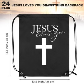 SilTriangle 24 Pcs Christian Drawstring Bags Vbs Gifts Jesus Loves You Drawstring Backpack Religious Gifts(Black)