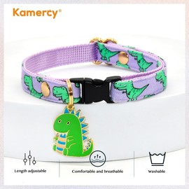 Cat Collar with Dino Charm, Roland Purple & Green Dinosaur Pattern, X-Small (8" - 13")