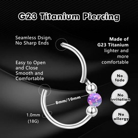 ESHIONER G23 Titanium Nose Piercing Ring Nose Ring Piercing Ear Septum Piercing Helix Ring Nostril Tragus Conch Clicker Lip Piercing 18G 8 mm / 10 mm Hypoallergenic White Blue Pink Opal Nose Rings for