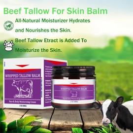 Beef Tallow for Skin, Tallow Balm, Organic Grass-Fed Whipped Tallow Cream Face& Body Moisturizer All-Natural Moisturizer Lotion for Extremely Dry Skin Deeply Moisturizing for Face & Body Smooth Skin
