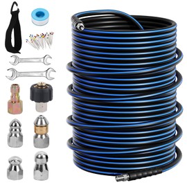 Sewer Jetter Kit for Pressure Washer, 5800PSI Drain Cleaner Hose 1/4 Inch NPT Corner Rotating and Button Nose Sewer Jetting Nozzle Spanner Watertight Tape Pearl Corsage Pin Handle Strap (200FT)