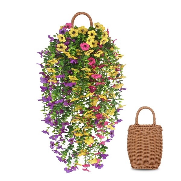 Ktgow 3 PCS Artificial Fake Hanging Flowers Plants with Basket