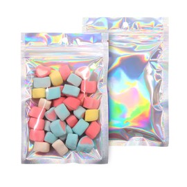 SumDirect 100Pcs Resealable Smell Proof Bags, Holographic Rainbow Color Mylar Bags, Can ​Heat Sealable Foil Zipper Pouch with Hang Hole for Party Favor Food Storage, Candy Packaging (4x6 inch)