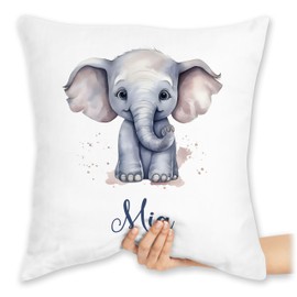Cushion 40 x 40 cm Decorative Cushion – Zoo Animals – Elephant Pachyderm Grey Giant Proboscis – 40 x 40 cm – White – Elephant Gifts Sofa Cushion Elephant Motif Elephant and Name
