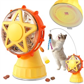 Monotre Interactive Cat Treat Dispenser, 2-in-1 Slow Feeder & Wand, Yellow
