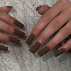 Matte Brown Press on Nails Long Square, KXAMELIE Medium Coffin Nails Press ons Long Glue on Nails Natural Thick Fake Long Nails Acrylic Nails Reusable 24 Fake Nails Solid Color False Nails for Women