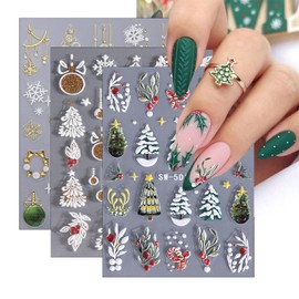 5D Embossed Christmas Nail Art Stickers Cute Christmas Tree Nail Decals Winter Snowflakes Xmas Trees Balls Design Luxury Nail Art Supplies for Women Girls DIY Christmas Manicure Decoration, 3Sheets