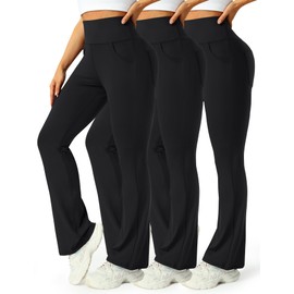 Mlenhor 3 Packs Womens High Waist Flare Pants-Flare Yoga Pants，Yoga Pants with Pockets - High Waist and Wide Leg (US, Alpha, X-Large, Regular, Regular, 3 Pack-Black/Black/Black)