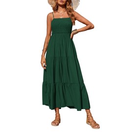 PRETTYGARDEN Summer Dresses for Women 2025 Spaghetti Strap Floral Maxi Dress Sleeveless Smocked Tiered Long Beach Sundress (Dark Green,XL)