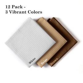 HOUSE OF ORLO Waffle Dishcloths, 12x12 Inch, Absorbent, Soft, Durable, 100%, Quick Drying, Reusable, Ideal for Kitchen Cleaning, Cotton Hand Towels, Set of 12, Brown, Beige, White