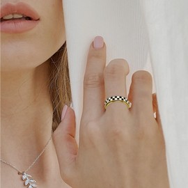 Chessboard Rotating Fidget Spinner Ring for Women Anxiety Relief,18K Gold Plated Stainless Steel,Black White Checkered Design,High Polished Jewelry for Women Men (Checkerboard Ring_Gold, size 6)