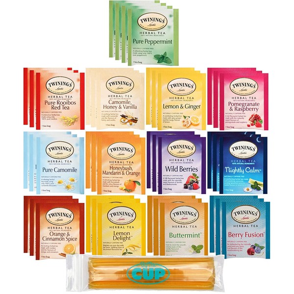 Twinings Herbal Tea Bags - 40 Individually Wrapped Tea Bags, Pure Peppermint, Camomile, Rooibos Red, Honeybush Mandarin Orange, Plus 9 More Flavors - with BYTC Honey Sticks