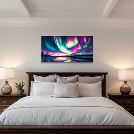 SERIMINO Colorful Aurora Wall Art, Fantasy Starry Sky Large Wall Decor, Modern Northern Lights Nightscape Art Prints, Natural Lake Aesthetic Canvas Pictures for Living Room Bedroom Office 20"X40"