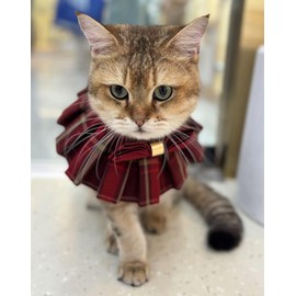 Lovelyshop pet Serial Lux Orange Red Tartan Dog/Cat Scarf with Burgundy Big Bowtie for Chirstmas Valentine Holiday Pet Costume-Small Size