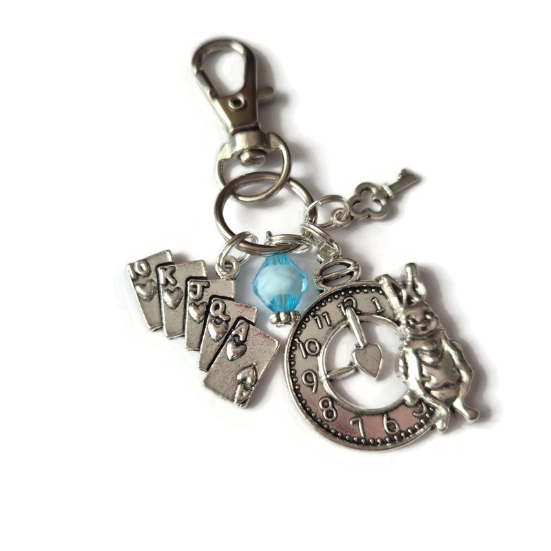 WONDERLAND themed charm bag clip keyring gift, Alice rabbit key