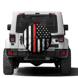 Foruidea USA Patriotic Firefighter Thin Red Line Flag Spare Tire Cover with Backup Camera Hole Wheel Tire Cover Fit Trailer, RV, SUV and Many Vehicle 17inch