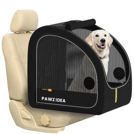 PAWZIDEA Portable Dog Crate for Car Travel, Collapsible Pet Travel Crates for Medium & Large Dogs, Enclosed Soft-Sided Car Kennel Carrier for Backseat, Secures w/Seatbelt & Headrest Strap, Chew-Proof