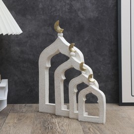 Islamic Cultural Decor Collection - Handcrafted Resin Mosque Models & Tower Ornaments for Home/Office Display Ramadan Decoration (4-Door)