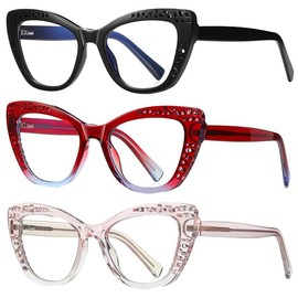 3 Pack Cat Eye Reading Glasses for Women - Blue Light Blocking Ladies Fashion Readers with Flexible Spring Hinges, Anti-Glare (black/red blue/pink, 1.5, multiplier_x)