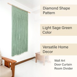 Macrakido - Thick Macrame Wall Art Tapestry - Handmade Boho Door Curtain - Light Sage Green Bohemian Room Divider - Doorway Beads Hanging Decor for Bedroom Living Room 40" x 80"