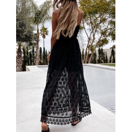 CUPSHE Women's Ruching Smocking Jumpsuit Summer Slip V Neck Backless Maxi High Low Black Jumpsuit