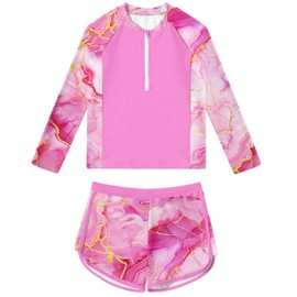 ALISISTER Swimsuit for Girls Size 6 Bathing Suit Long Sleeve 2 Piece Rash Guard Sets Marble Swimwear 7 Year Old
