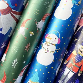 Jillson Roberts Christmas Wrapping Paper Roll Bundle with Cut Lines on Reverse (25 sq ft per roll, 100 Total Sq Ft) Polar Bear, Nutcracker Ballet, Gnome for Christmas, Snowman Party, 4 Pack