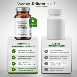 Kräutermax Birch Leaves Capsules Birch Leaf Extract with Fennel, Nettle, Asparagus, Juniper Berries Birch Leaves Dietary Supplement Vegan According to Kräutermax Style 1 x 90 Pieces
