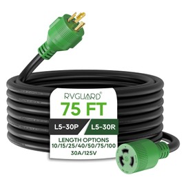 RVGUARD 3 Prong 30 Amp 75 Foot Generator Extension Cord, NEMA L5-30P/L5-30R 125V 10 Gauge SJTW Generator Power Cord with Cord Organizer, ETL Listed