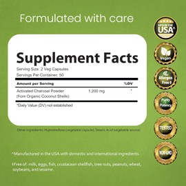 Activated Charcoal 1200mg from Coconut Shells – 100 Veg Capsules, Non-GMO, Gluten-Free, Vegan, Supports Digestive Health & Detoxification