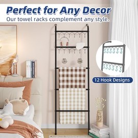 Simple Trending Blanket Ladder，5 Tier Metal Towel Rack with 12 Hooks, 79'' Metal Style Decorative Ladder for The Living Room Bedroom Bathroom Home Decor, Black