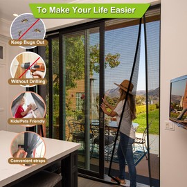 Risareyi Side Opening Magnetic Screen Door Heavy-Duty, Black - Thicken Fiberglass Mesh Double Sliding Door Mosquito Screen Magnetic Closure to Keep Bugs Out, Actual Size 68" x 82"