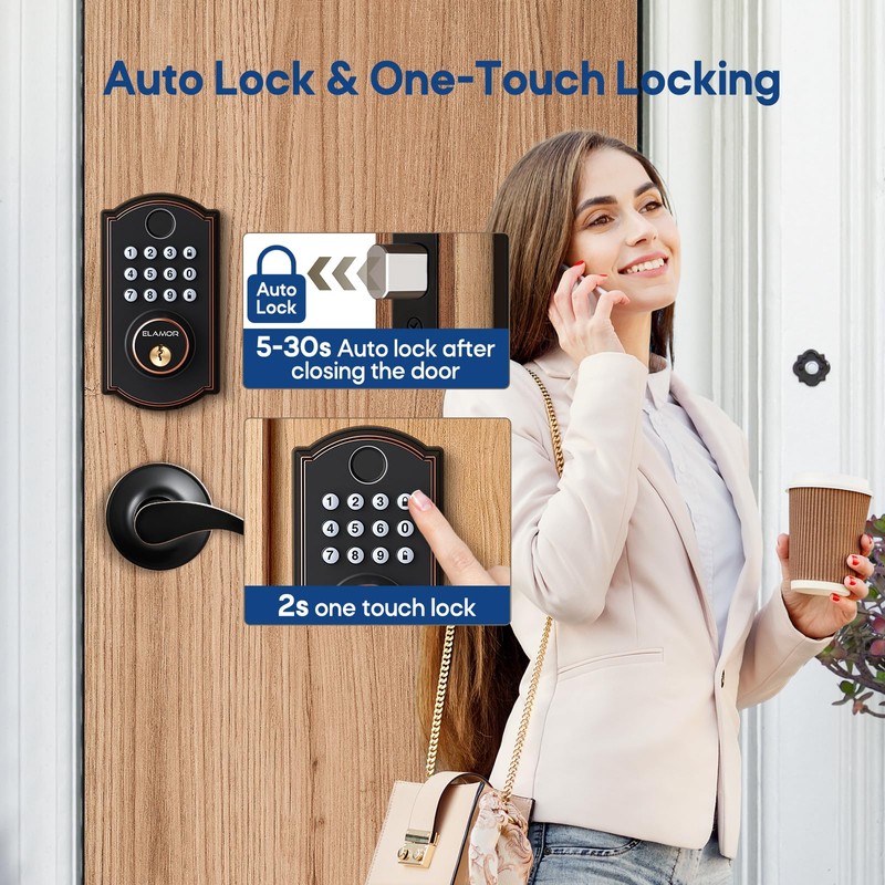 ELAMOR M19 Fingerprint Door Lock with 2 Lever Handles, Keyless