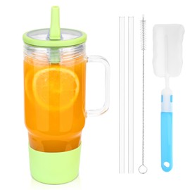 Sursip 40 oz Glass Tumbler with Handle and Simple Flip Straw Lid, Leak-proof Reusable Iced Coffee Cup with Silicone Sleeve, Car Cup Holder Friendly, Office, Travel - Ideal Gifts for Women & Men