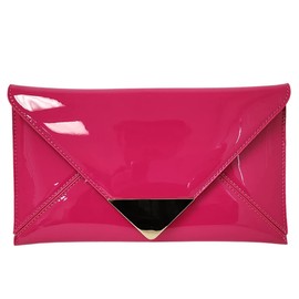 JNB Faux Patent Leather Glossy Envelope Clutch, Fuchsia, Medium