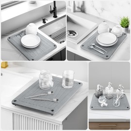 Stone Dish Drying Mats for Kitchen Counter 15.7"x 11.8" Quick Dry Stone Drying Mat Super Absorbent Diatomaceous Earth Drying Mat with 4 Non-Slip Stainless Steel Feet for Dishes&Cups Light Grey