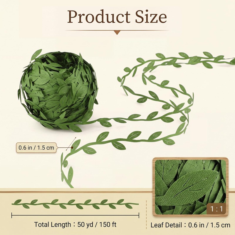50 Yard(150 Ft) Green Leaf Trim Ribbon Artificial Vines Leaves
