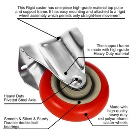 4 Pack 4" Caster Wheels - 2 Swivel 360 Degree with Brake, 2 Rigid Fixed Stationery COMBO On Red Polyurethane Wheels with Hardware