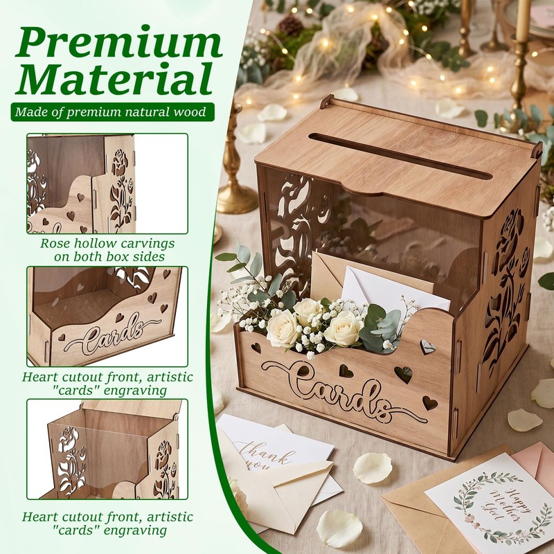 MRSUPP Wooden Wedding Card Box, Hollow Acrylic Window, 24x20x24cm