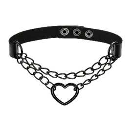 Aufordebatis Love Heart Goth Necklace Faux Leather Chain Choker Punk Emo Accessories for Youth Women (Black Heart Chain + Neck 17"-20")
