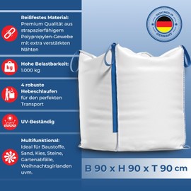 Jarlus Big Bag - Premium Sack for Construction Rubble, Garden Waste, Wood, Sand, Soil, Green Cuts, Christmas Garland - 90 x 90 x 90 cm 1,000 kg with 4 Lifting Straps for Transport - Sturdy Fabric Bag