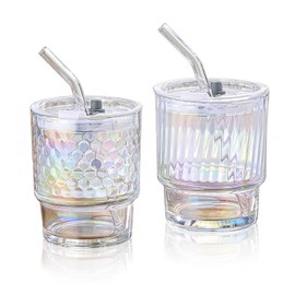 2 Pcs Colorful Glass Coffee Cups with Lids and Straw, 13.5 oz Iced Coffee Cup with Stripe Style and Polka Dot Style, Glass Tumbler, Cute Glass Coffee Mugs, Drinking Water Cup (Polka dots & stripes)