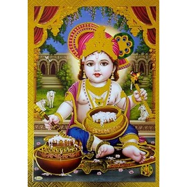 Crafts of India Makhan Chor Baby Krishna Butter Thief Poster/Reprint Hindu God with Golden Foil (Unframed : Size 5"X7" inches)