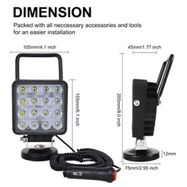 RIGIDON LED Work Light with Magnetic Base, 4 Inch 48 W LED Floodlight Car Magnet 12 V Offroad Lighting for Car SUV ATV Tractor Truck 4 x 4 Boat, 6000 K White Search Light, Work Light